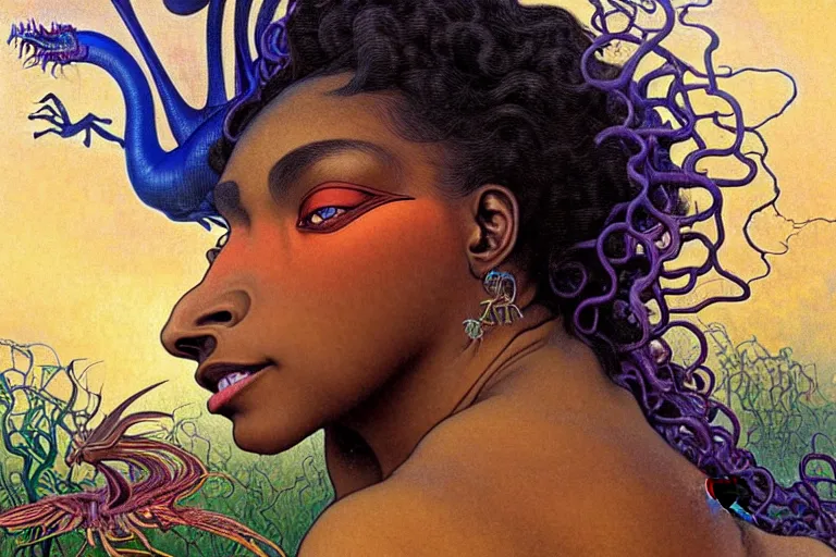 Image similar to realistic extremely detailed closeup portrait painting of a beautiful black woman, mutant dragon and a single old house on background by Jean Delville, Amano, Yves Tanguy, Alphonse Mucha, Ernst Haeckel, Edward Robert Hughes, Roger Dean, rich moody colours