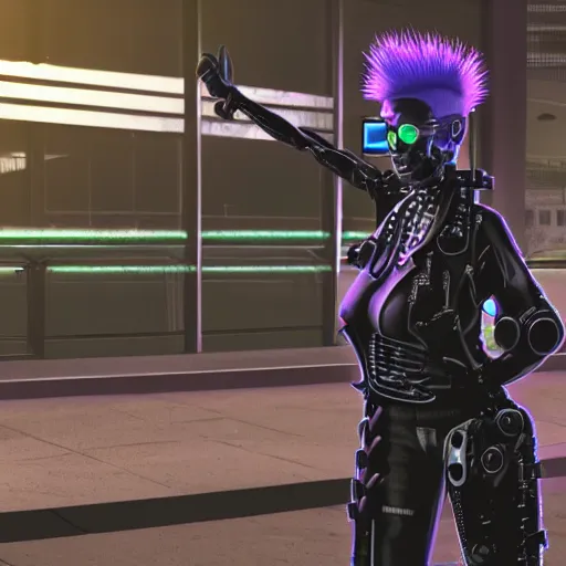 Prompt: photorealistic render, hdr, of an anarchist punk robot with a mohawk, cyberpunk, dystopian, sci - fi, urban