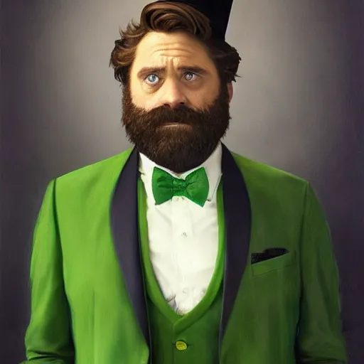 Image similar to hyper realistic portrait painting, beautifully rendered, zach galifianakis as dapper fancy luigi wearing a green top hat, green suit and bowtie, smirking deviously, painted by greg rutkowski, wlop, artgerm, dishonored 2