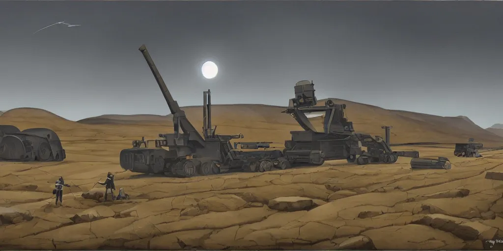 Prompt: barren icelandic landscape, dark gravel, huge abandoned mining equipment, style of ralph mcquarrie