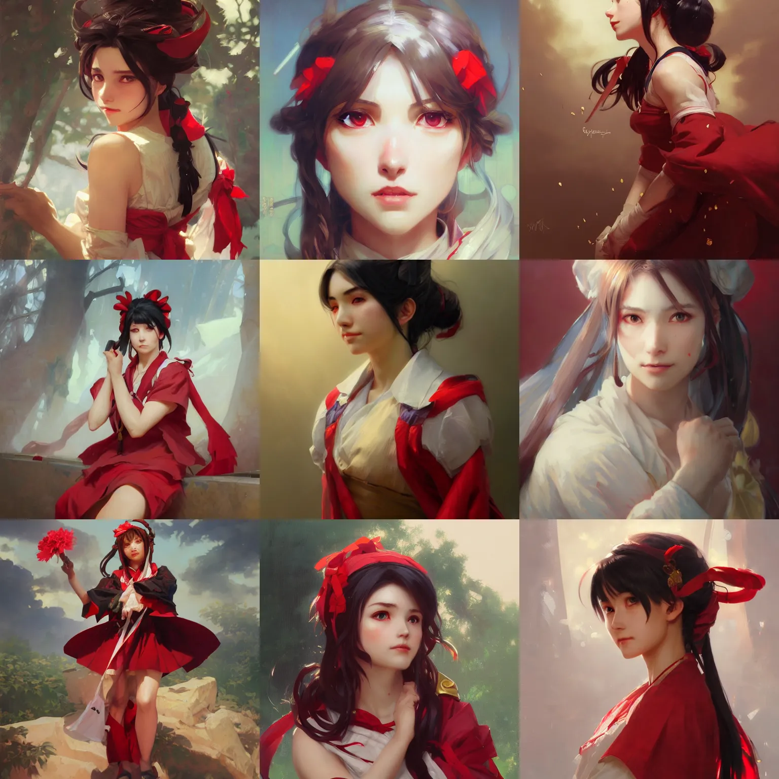 Image similar to a portrait painting of reimu hakurei, by greg rutkowski, artgerm, wlop, ruan jia, krenz cushart, alphonse mucha, marble, gold, unreal engine 5