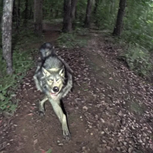 Prompt: werewolf on trail cam footage