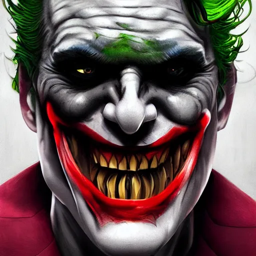 Prompt: the joker wearing the dark knight mask, snarling teeth, digital painting, amazing detail, art station, cgsociety