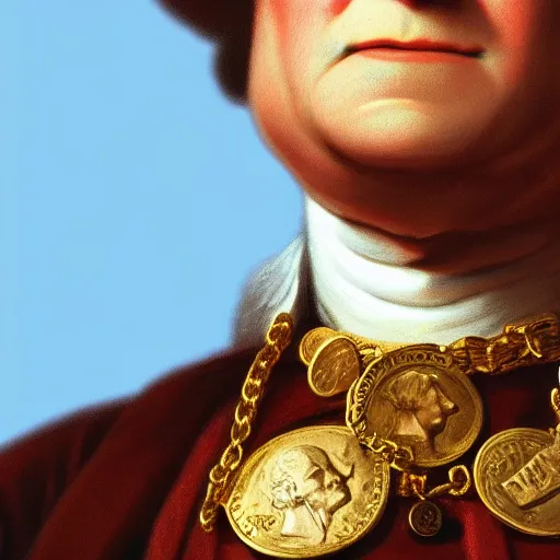 Image similar to a closeup photorealistic illustration of a happy George Washington holding wearing a chain around his neck with a small gold Doubloon coin as a necklace. This 4K HD image is Trending on Artstation, featured on Behance, well-rendered, extra crisp, features intricate detail and the style of Unreal Engine.