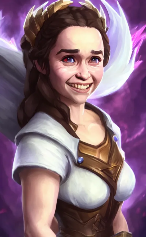 Image similar to Emilia Clarke as a character in the game League of Legends, with a background based on the game League of Legends, smiling, detailed face, old 3d graphics