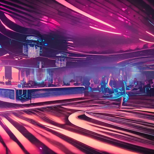 Prompt: futuristic dance club, jenna haze dancing on my table, interior futuristic restaurant at the end of the universe, great view, retro spaceships parked outside, styled by music, hyper - sonic, hyper - realistic, hyper - detailed, 8 k, octane rendered, epic composition, 8 k