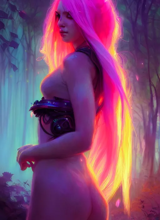 Prompt: stunningly beautiful female neon and neon hair, fantasy art, fae priestess, lush forest landscape, dark light night, sharp focus, digital painting, 4 k, concept art, art by wlop, artgerm, greg rutkowski and alphonse mucha