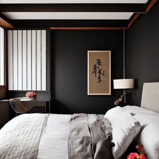 Image similar to bedroom, stone, interior design, stylish luxury hotel bedroom design, yakisugi, black vertical slatted timber, textures, feminine, black walls, art, Japanese pottery vase with flowers, kakejiku, seasonal, Japanese influences