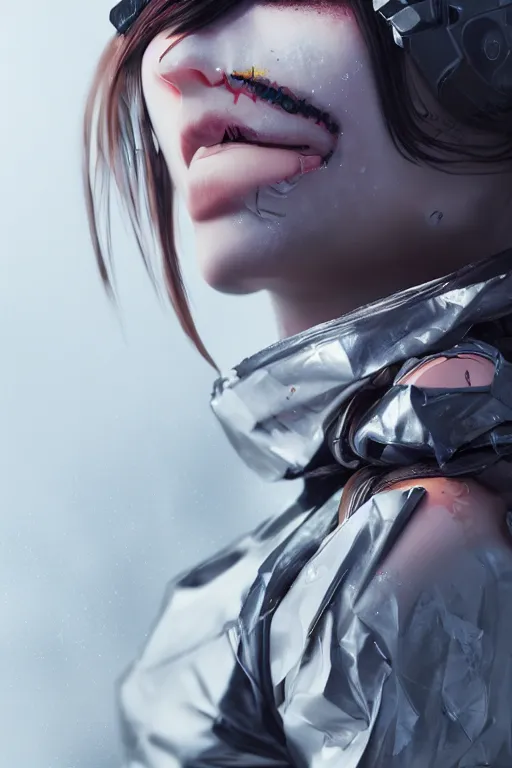 Image similar to cyborg girl kawaii wearing trash bag over her head, ultra realistic, concept art, intricate details, highly detailed, photorealistic, octane render, 8 k