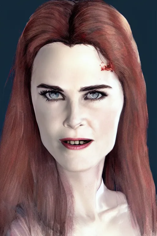 Image similar to mix of beautiful young maria shriver, mariel hemmingway, brooke shields, nicole kidman and elle macpherson as a vampire showing vampire teeth, ready to bite, thin lips, hair tied up in a pony tail, dark blonde hair, colorful, deviantart, artstation, cgsociety