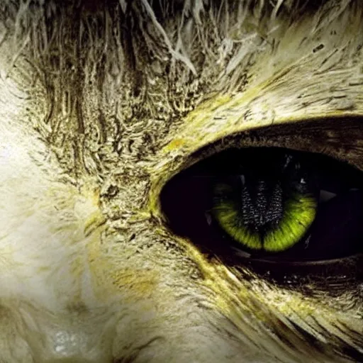 Prompt: epic masterpiece of cinematographic hyperrealism where a two large yellow eyes peer from the darkness, horror, ominous, beast, horror movie