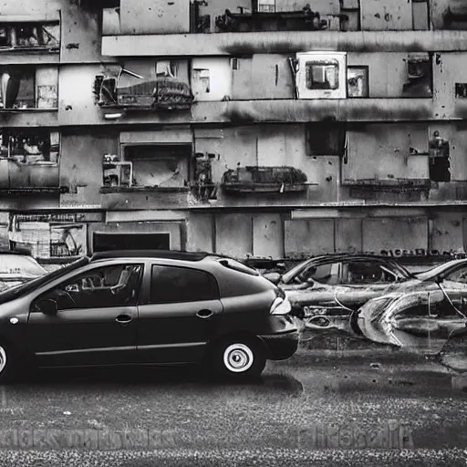 Prompt: cheap Peugeot 206 in a traffic jam in a France cyberpunk slum city called Neo Norilsk on the Moon, at night, diverse, lively, black sky full of stars, blinding sun, sci-fi, lots of flying cars, levitation, cyberpunk outfits, photorealistic, grainy, 35mm, intricate, very very beautiful, elegant, smooth, cinematic, Unreal Engine 5, by Beeple, trending on Artstation HD