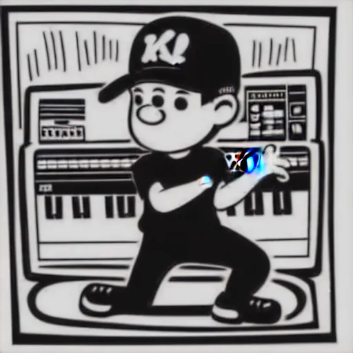 Prompt: cartoon line drawing illustration, in fine detail, of a kid wearing a baseball cap, playing a Korg MS-20 synthesizer, in the style of The Beano, sharpie, black and white, long shot, white background, graffiti marker, graffiti character, 90s cartoon,