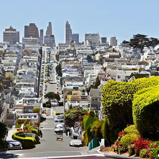 Prompt: Lombard Street is an east–west street in San Francisco, California that is famous for a steep, one-block section with eight hairpin turns. Stretching from The Presidio east to The Embarcadero (with a gap on Telegraph Hill), most of the street's western segment is a major thoroughfare designated as part of U.S. Route 101. The famous one-block section, claimed to be the crookedest street in the world, is located along the eastern segment in the Russian Hill neighborhood. It is a major tourist attraction, receiving around two million visitors per year and up to 17,000 per day on busy summer weekend