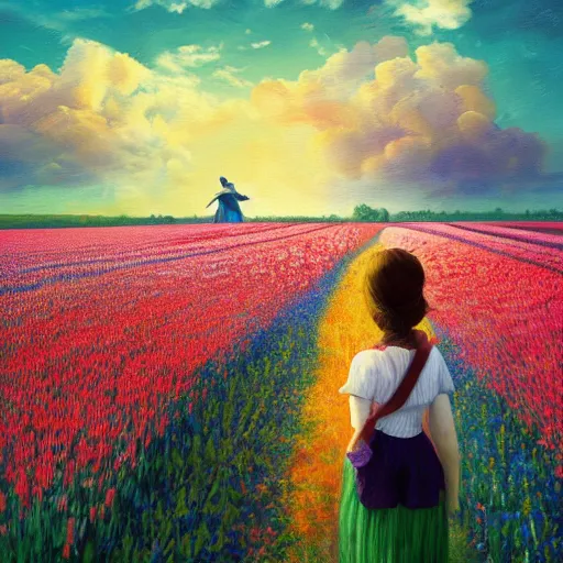 Image similar to dutch girl with singular giant tulip as a head, surreal photography, flower field, sunset dramatic light, impressionist painting, colorful clouds, blue sky, digital painting, artstation, simon stalenhag