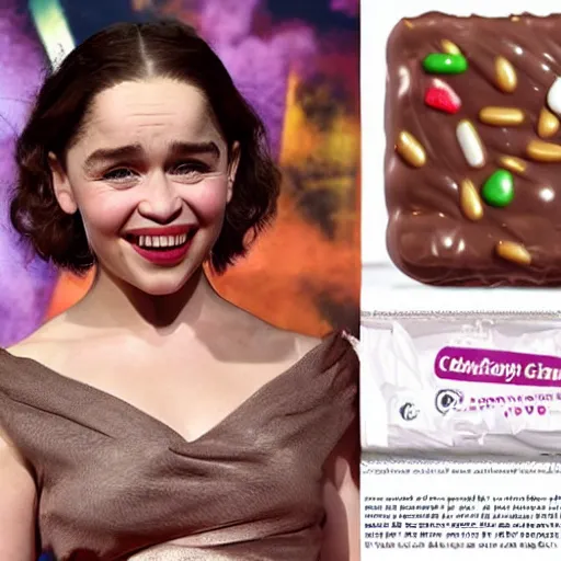 Prompt: emilia clarke mixed with a candy bar, clark bar, candy packaging, disturbing, coherent.,