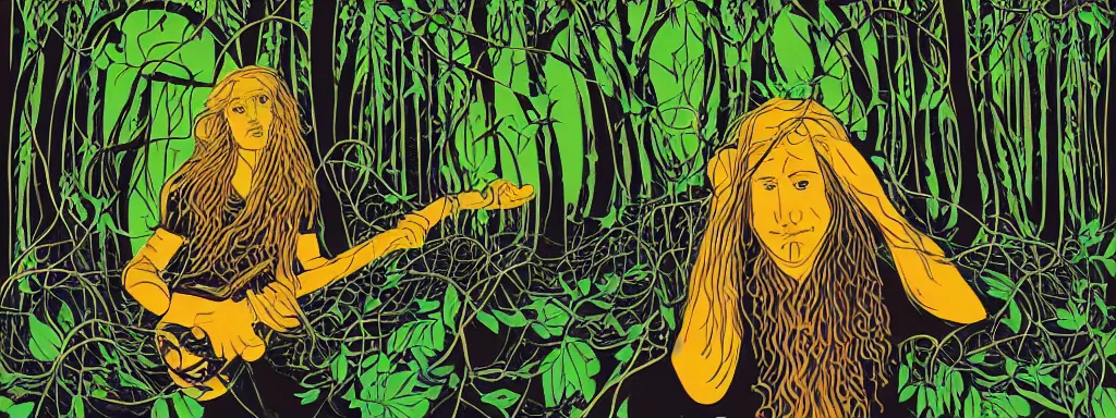 Prompt: a grunge technogaianist long-haired blonde digital musician playing modular synthesizer in the forest, technology and nature swirling in harmony, plugging vines into the synthesizer, trees swaying to the beat, postmodern surrealist concert poster, grainy poster art, hand drawn matte painting by Tara McPherson and Gary Houston, smooth, sharp focus, extremely detailed, 35mm.