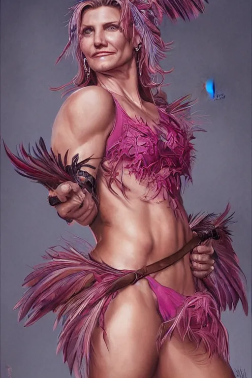 Prompt: muscled Cameron Diaz as a ruggedly handsome hero wearing pink feathers, intricate, elegant, tasteful, highly detailed, centered, digital painting, artstation, concept art, smooth, sharp focus, illustration, art by artgerm and donato giancola and Joseph Christian Leyendecker, WLOP