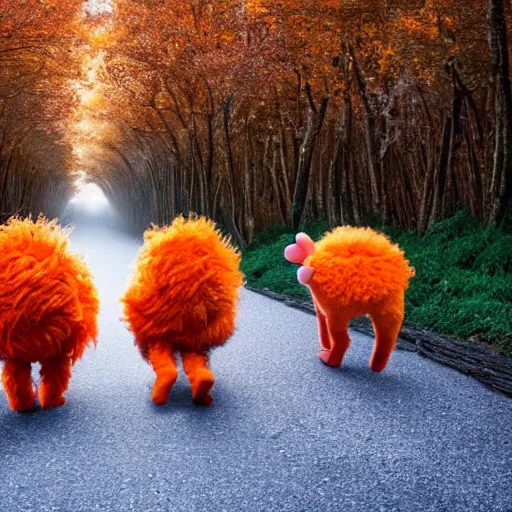 Prompt: a large orange fox muppet wearing a hooded cloak and herding a bunch of random muppet animals following behind through a dark blue forest, sesame street, photograph, photography, ultrarealistic, national geographic