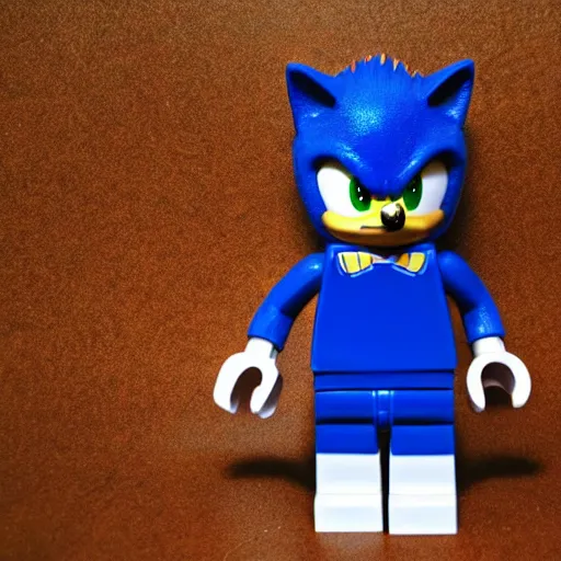 Image similar to sonic the hedgehog as a lego minifigure, high quality digital photography