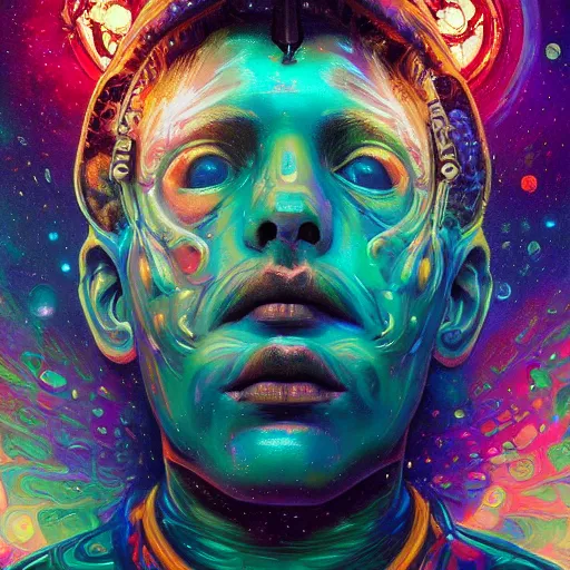 Image similar to An extremely psychedelic experience, colorful, surreal, dramatic lighting, cosmonaut, LSD, face, detailed, intricate, elegant, highly detailed, digital painting, artstation, concept art, smooth, sharp focus, illustration, art by Sam Spratt, Dan Mumford, Artem Demura and Alphonse Mucha