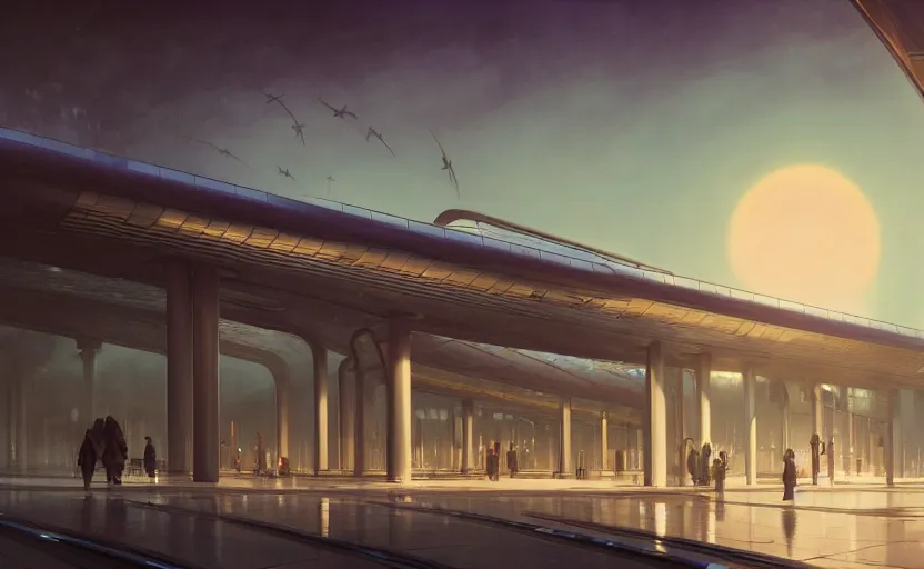 Prompt: exterior shot of utopian train station with cinematic lighting by zaha hadid and renzo piano, darek zabrocki and greg ruthkowski, alphonse mucha, simon stalenhag, cinematic, holy place, paradise, scifi, futurism, atmospheric, sunset, concept art, artstation, trending on artstation