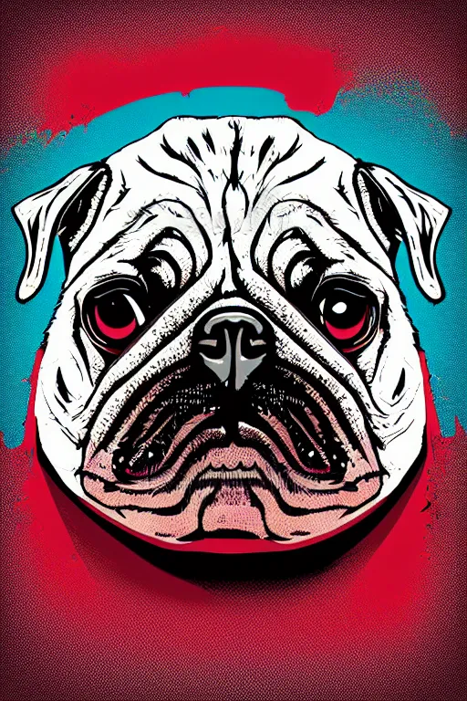 Image similar to Evil pug, sticker, blood thirsty, blood, evil, colorful, illustration, highly detailed, simple, smooth and clean vector curves, no jagged lines, vector art, smooth