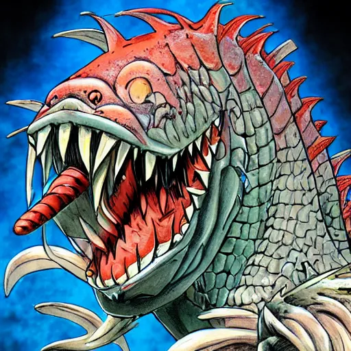 Image similar to a fish monster, yusuke murata style, detailed