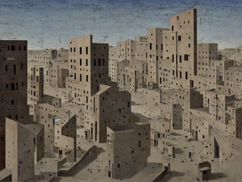 Prompt: Streets of a deserted, brutalist city that now fill with dust, sand, smoke. Dark blue sky, dried thujas. Painting by Piero della Francesca, Morandi, Yves Tanguy