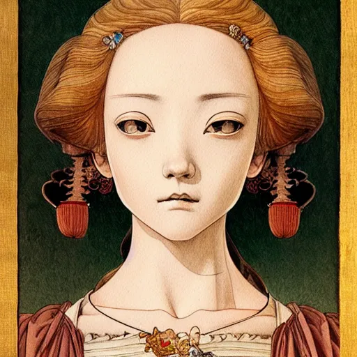 Image similar to prompt: Portrait painted in renaissance style drawn by Katsuhiro Otomo, inspired by Fables, china doll face, smooth face feature, intricate oil painting, high detail, sharp high detail, manga and anime 2000