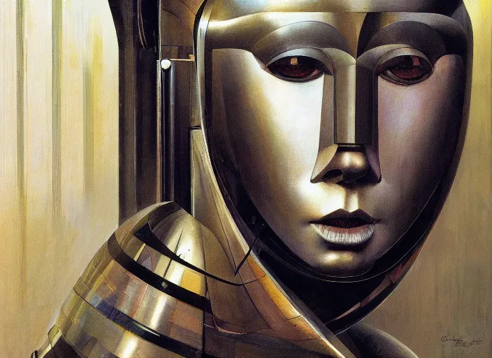 Image similar to a portrait headshot of sci fi metallic human, bright eyes, melancholic complex geometric figure liminal machinery by oskar schlemmer, moebius, john berkey, oil on canvas, portrait facial head, featured on artstation, hd wallpaper