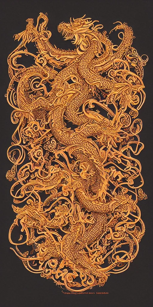 Prompt: golden paper + an intricate dragon depiction + symmetry + elaborate red illustration