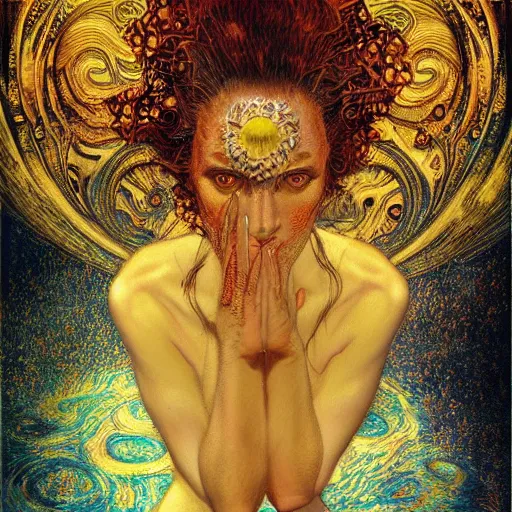 Image similar to Visions of Hell by Karol Bak, Jean Deville, Gustav Klimt, and Vincent Van Gogh, beautiful visionary mystical portrait, otherworldly, fractal structures, ornate gilded medieval icon, third eye, spirals