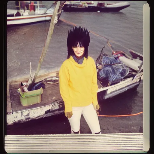 Prompt: black - haired girl with wild spiky black saiyan hair with long bangs over her eyes, hair covering eyes, muscular, wearing casual clothing, standing on an alaskan fishing vessel, mekoryuk, alaska, 1 9 6 5, polaroid, kodachrome, grainy photograph