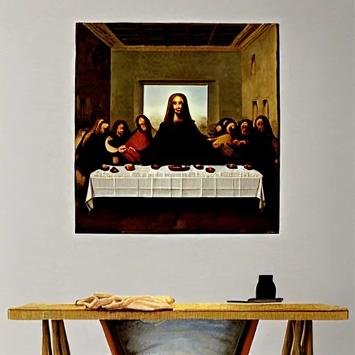 Image similar to painting of cate blanchett as Jesus in the last supper by Leonardo davinci