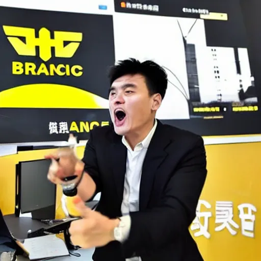 Image similar to ceo of binance changpeng zhao screaming while angry customers grab