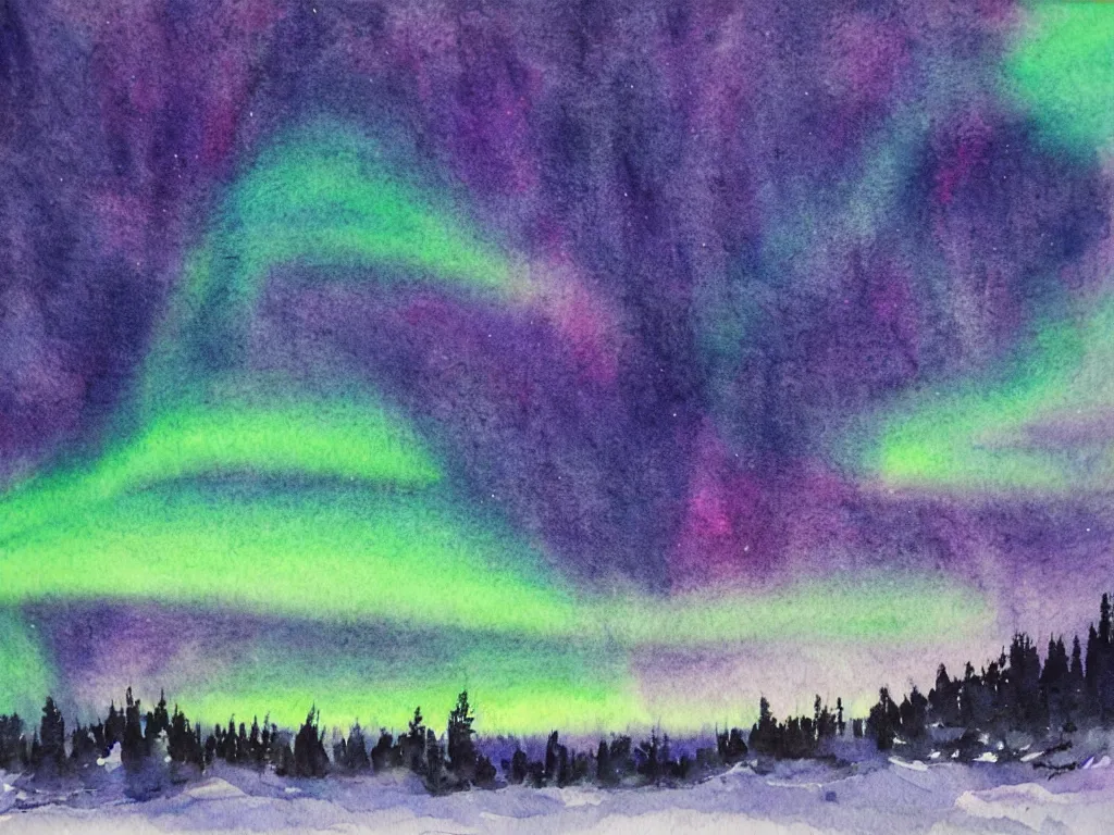 Prompt: northern lights, epic lighting, establishing shot, watercolor