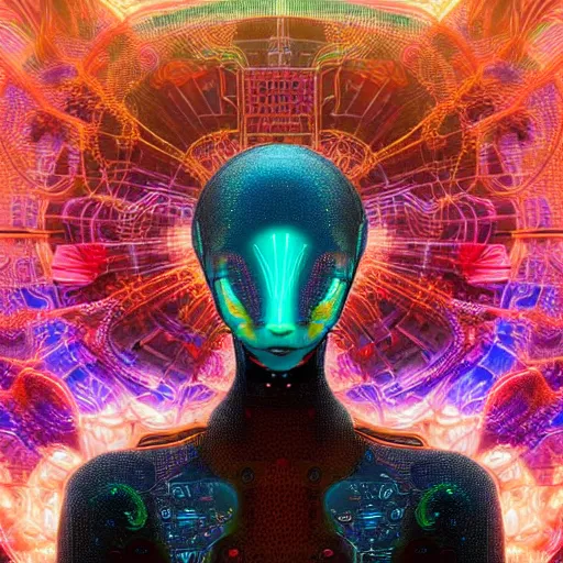 Prompt: Face of a Alien Deity, corals, circuitry, plume made of geometry, extremly detailed digital painting, sharp focus in the style of android jones, artwork of a futuristic artificial intelligence superstar with frames made of detailed circuits, mystical colors, rim light, beautiful lighting, 8k, stunning scene, raytracing, octane, under water visual distortion, dark tones colors, trending on artstation