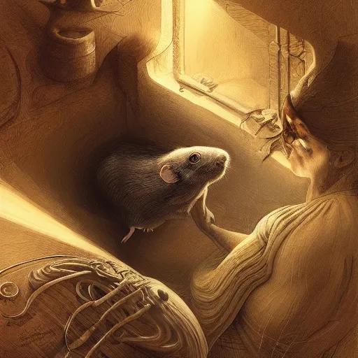 Prompt: Mathias The mouse, physically accurate, dynamic lighting, intricate, elegant, highly detailed, digital painting, artstation, HR GIGER, Hieronymus Bosch, Francis Bacon, concept art, smooth, sharp focus, illustration, art by artgerm and greg rutkowski and alphonse mucha