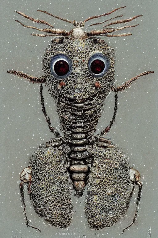 Prompt: a portrait of a robot insect creature made from snow and soil, high detail, muted colors, pointillism