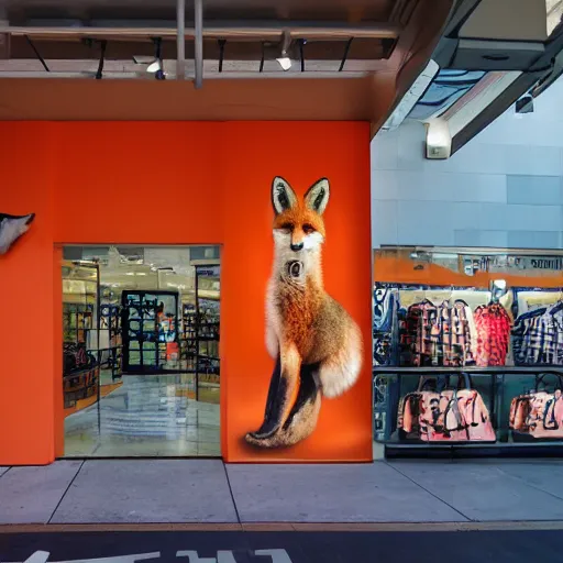 Image similar to a shopping mall picture outside of a fox-themed clothing store vendor, designed after foxes, Fox design patterns on the orange wall, realistic photo