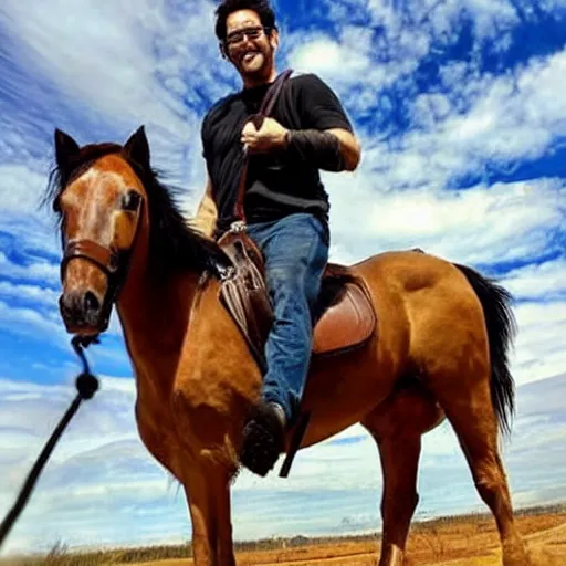 Prompt: markiplier holding an AK-47 while riding a horse,