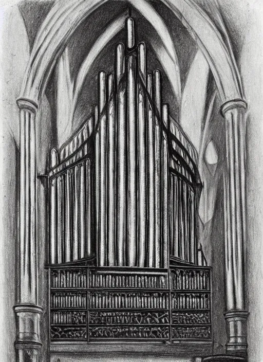 Image similar to pipe organ in a sunken cathedral, 1 9 th century charcoal and pencil drawing, high detail, high contrast