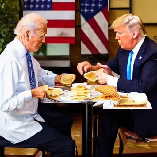 Image similar to trump and Biden sitting and eating breakfast at a Wafflehouse