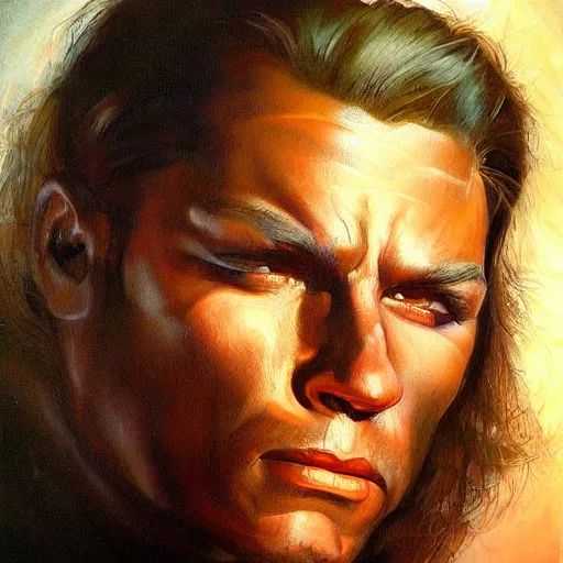 Image similar to detailed portrait of kenvin conroy intricate, hyper detailed, realistic, oil painting, by julie bell, frank frazetta, cinematic lighting