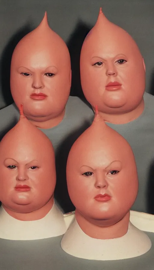 Image similar to obese coneheads, detailed facial features, 1 9 8 0 aesthetic