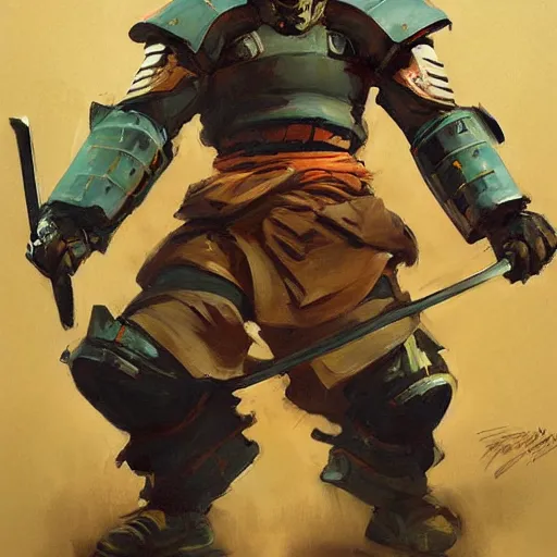 Prompt: greg manchess portrait painting of samurai as doomguy, medium shot, asymmetrical, profile picture, organic painting, sunny day, matte painting, bold shapes, hard edges, street art, trending on artstation, by huang guangjian and gil elvgren and sachin teng