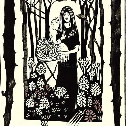 Image similar to In the illustration Vasilisa can be seen standing in the forest, surrounded by animals. She is holding a basket of flowers in one hand and a spindle in the other. Her face is turned towards the viewer, with a gentle expression. In the background, the forest is depicted as a dark and mysterious place. de stijl, black velvet by Erich Heckel, by Helene Schjerfbeck dynamic, soothing