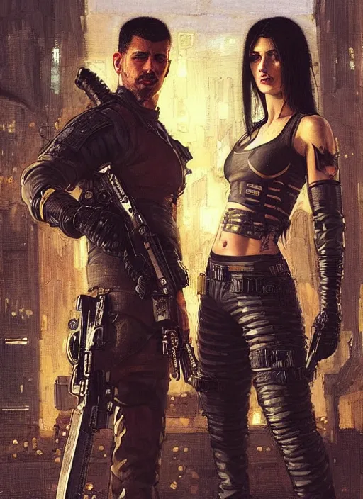 Prompt: javier and sonya. Cyberpunk mercenaries. cyberpunk merc and assassin wearing military vests and combat gear. (Cyberpunk 2077, bladerunner 2049). Iranian orientalist portrait by john william waterhouse and Edwin Longsden Long and Theodore Ralli and Nasreddine Dinet, oil on canvas. Cinematic, hyper realism, realistic proportions, dramatic lighting, high detail 4k