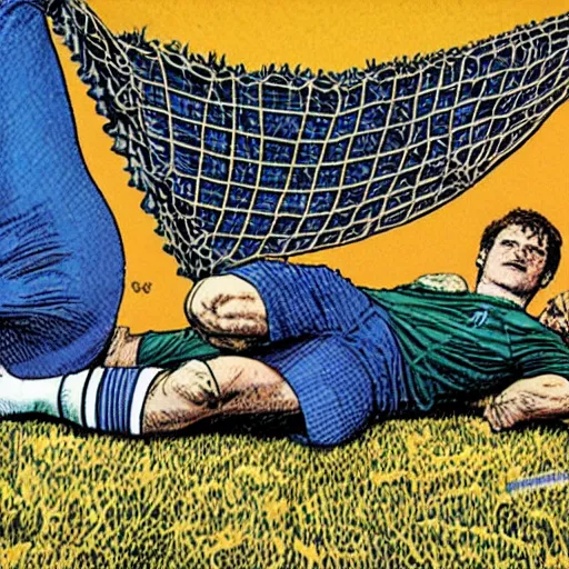 Prompt: a man laying on his back, a soccer goal behind him, a soccer in the net. Epic portrait by james gurney and mœbius.